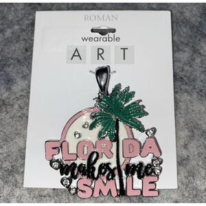 Wearable Art Pendant By Roman 2" Florida Makes Me Smile Pink Rhinestones‎ NEW